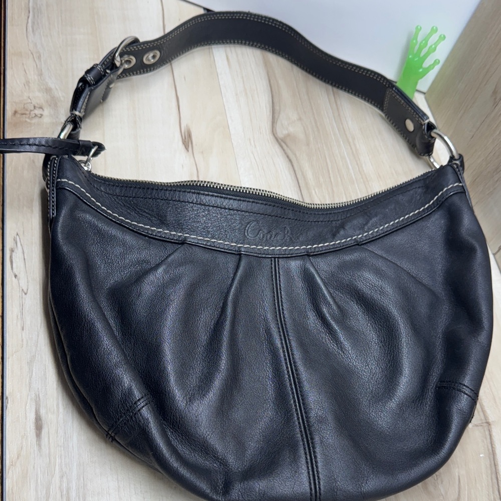 Coach Black Leather Hobo Bag with Stitch Detail